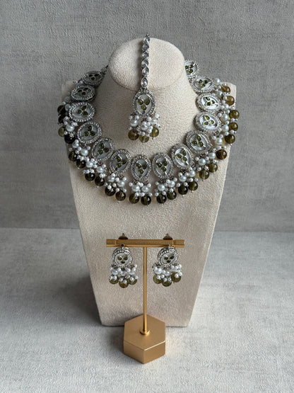Ayura Designs Linza Set – Necklace, Earrings & Tikka in Olive Green & Pearl with Silver Finish