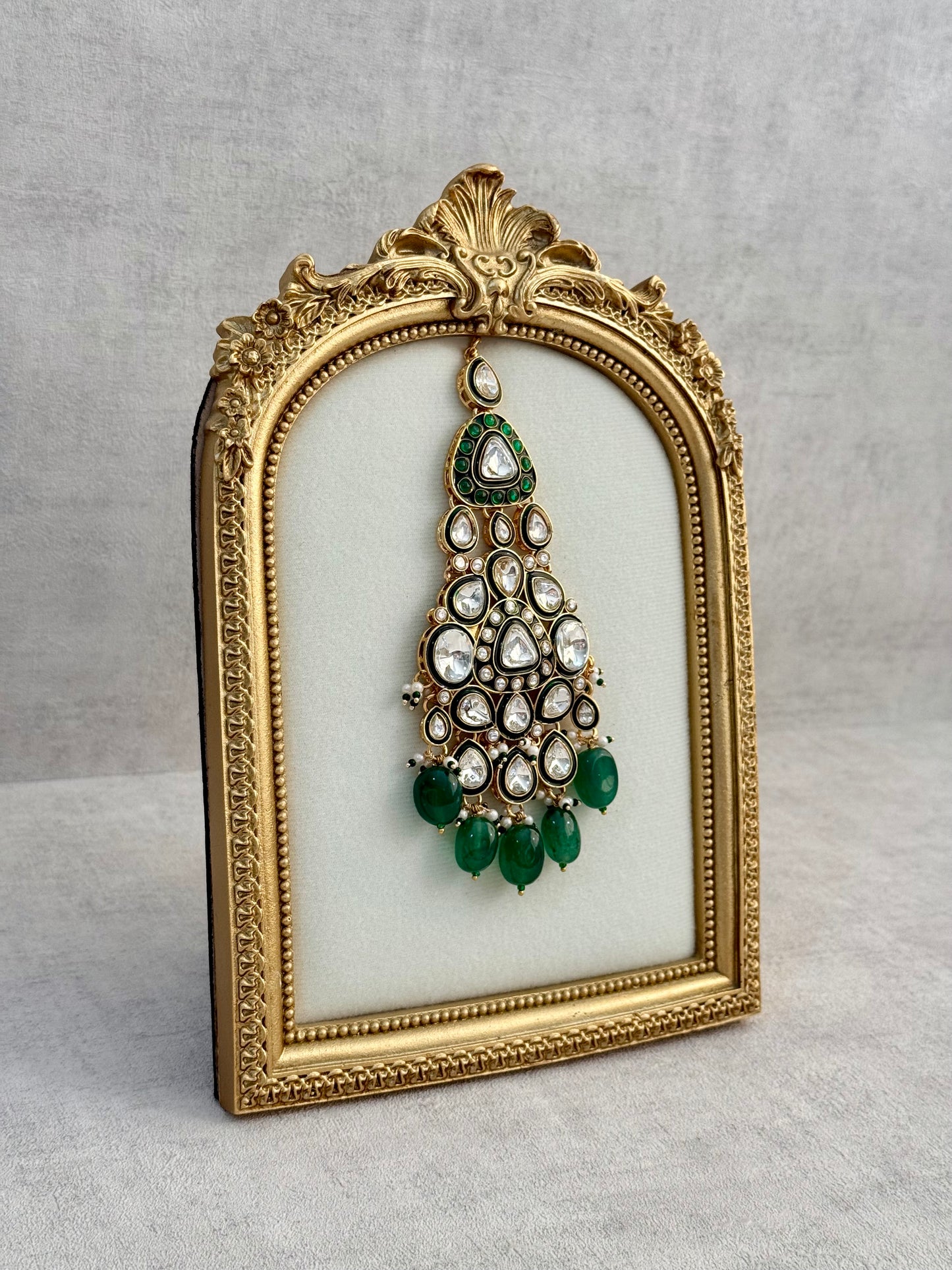 Ayura Designs Salma Jhoomar Passa – Emerald Green Drops with Kundan Stones & Antique Gold Finish