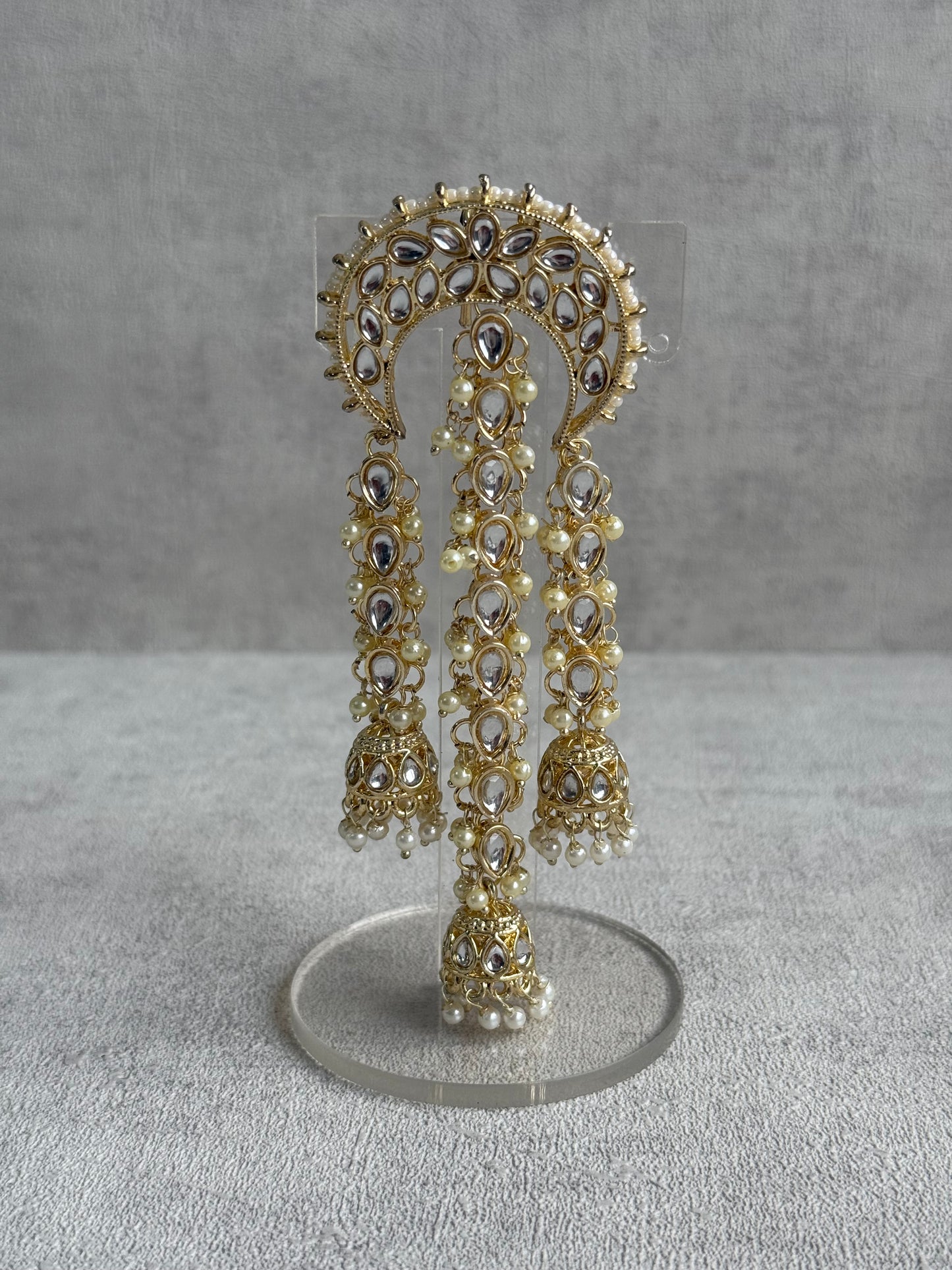 Ayura Designs Enjal Hair Brooch – Crescent Polki Design with Jhumki Tassels & Pearl Detailing