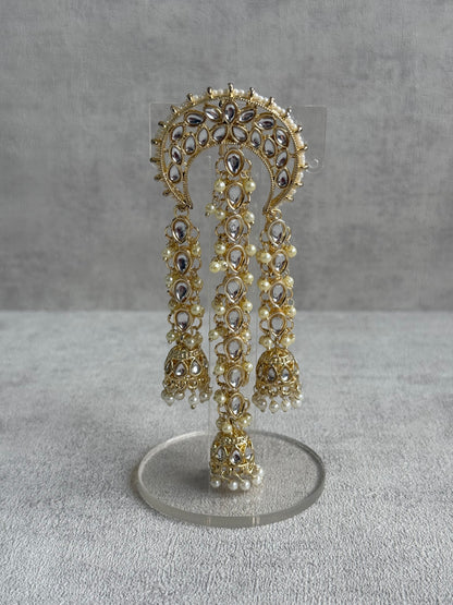 Ayura Designs Enjal Hair Brooch – Crescent Polki Design with Jhumki Tassels & Pearl Detailing