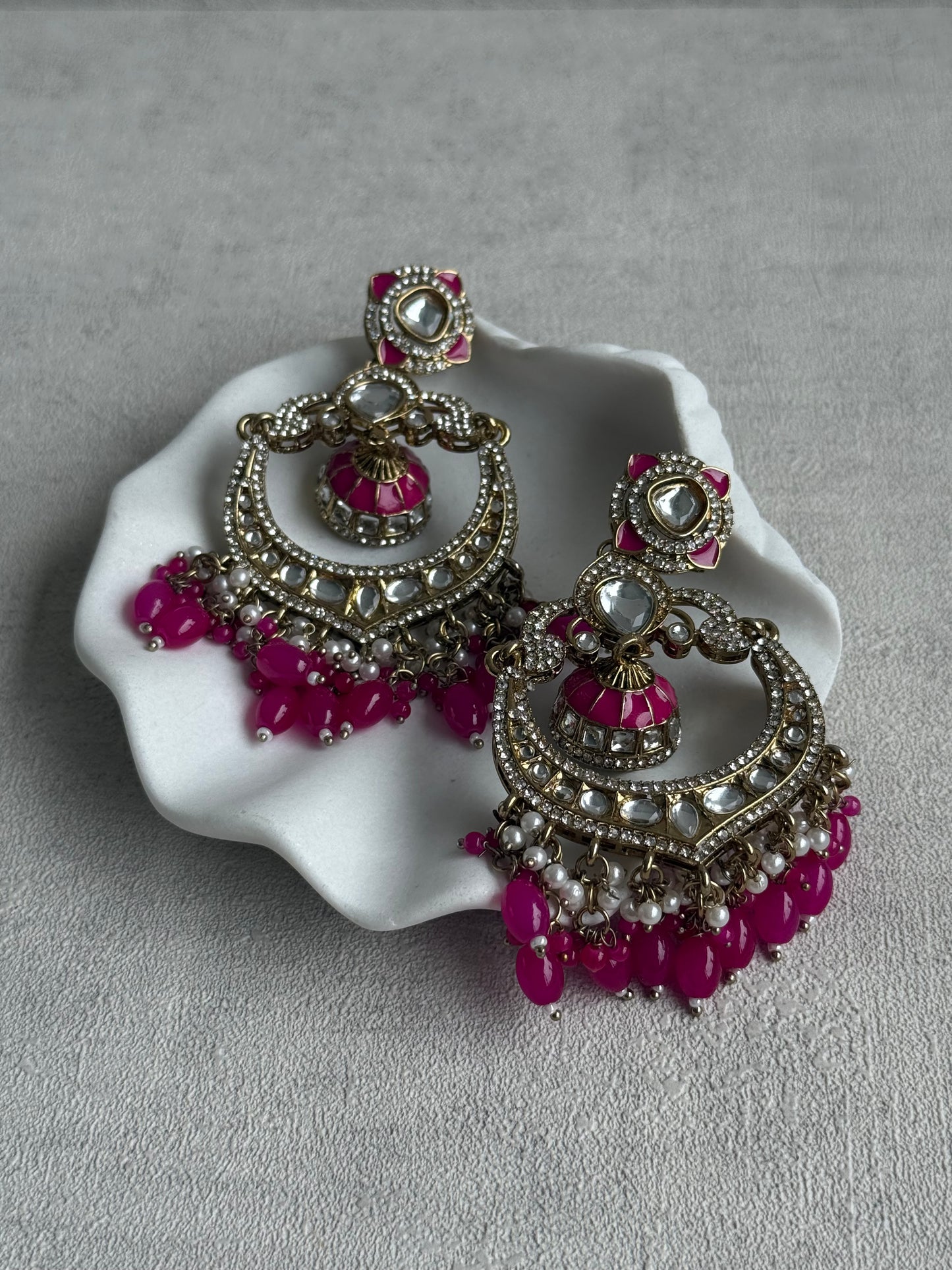 Ayura Designs Reha Earrings – Statement Chandbalis with Hot Pink Beads, Pearls & Mirror-Cut Stones