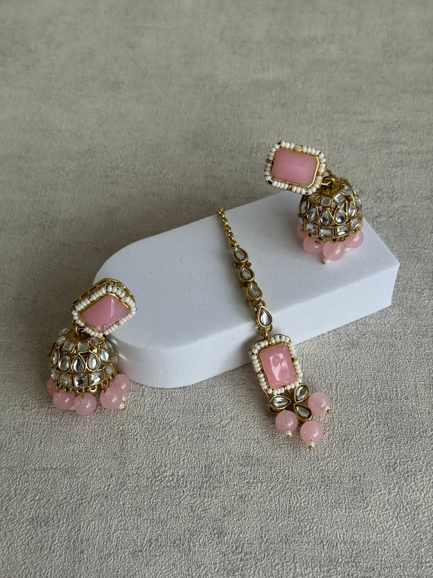 Ayura Designs Samaya Set with Jhumkis & Tikka – Blush Pink Stones, Kundan Detailing & Gold Finish