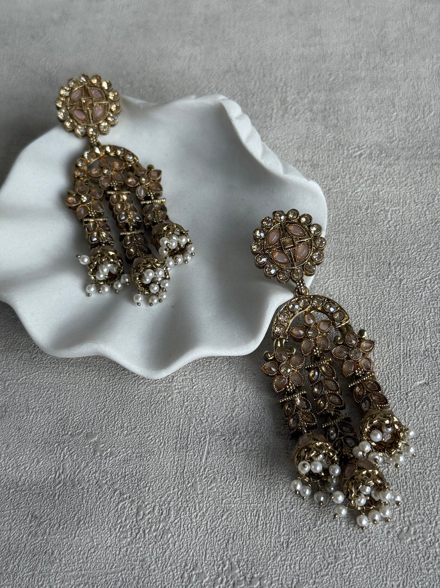 Ayura Designs Soraya Earrings – Blush Pink Stones, Champagne Crystals, Pearl Detailing & Gold Finish
