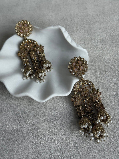 Ayura Designs Soraya Earrings – Blush Pink Stones, Champagne Crystals, Pearl Detailing & Gold Finish
