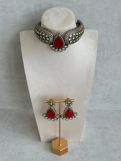 Ayura Designs Ziva Choker Set with Earrings – Ruby Red Teardrop Stone with Moissanite Style Detailing