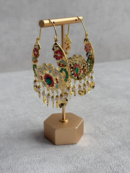 Ayura Designs Nimrat Balis – Emerald Green & Multicolour Stones, Ivory Pearl Beads & Pippal Patti, Gold Finish