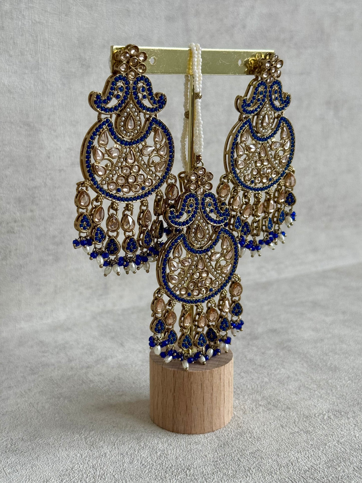 Ayura Designs Anvi Tikka Set with Earrings – Ink Blue with Champagne Stones & Pearl Drops
