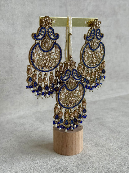 Ayura Designs Anvi Tikka Set with Earrings – Ink Blue with Champagne Stones & Pearl Drops