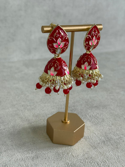 Ayura Designs Gia Jhumkis – Red Meenakari with Pink Lotus Motifs & Ivory Pearl Drops