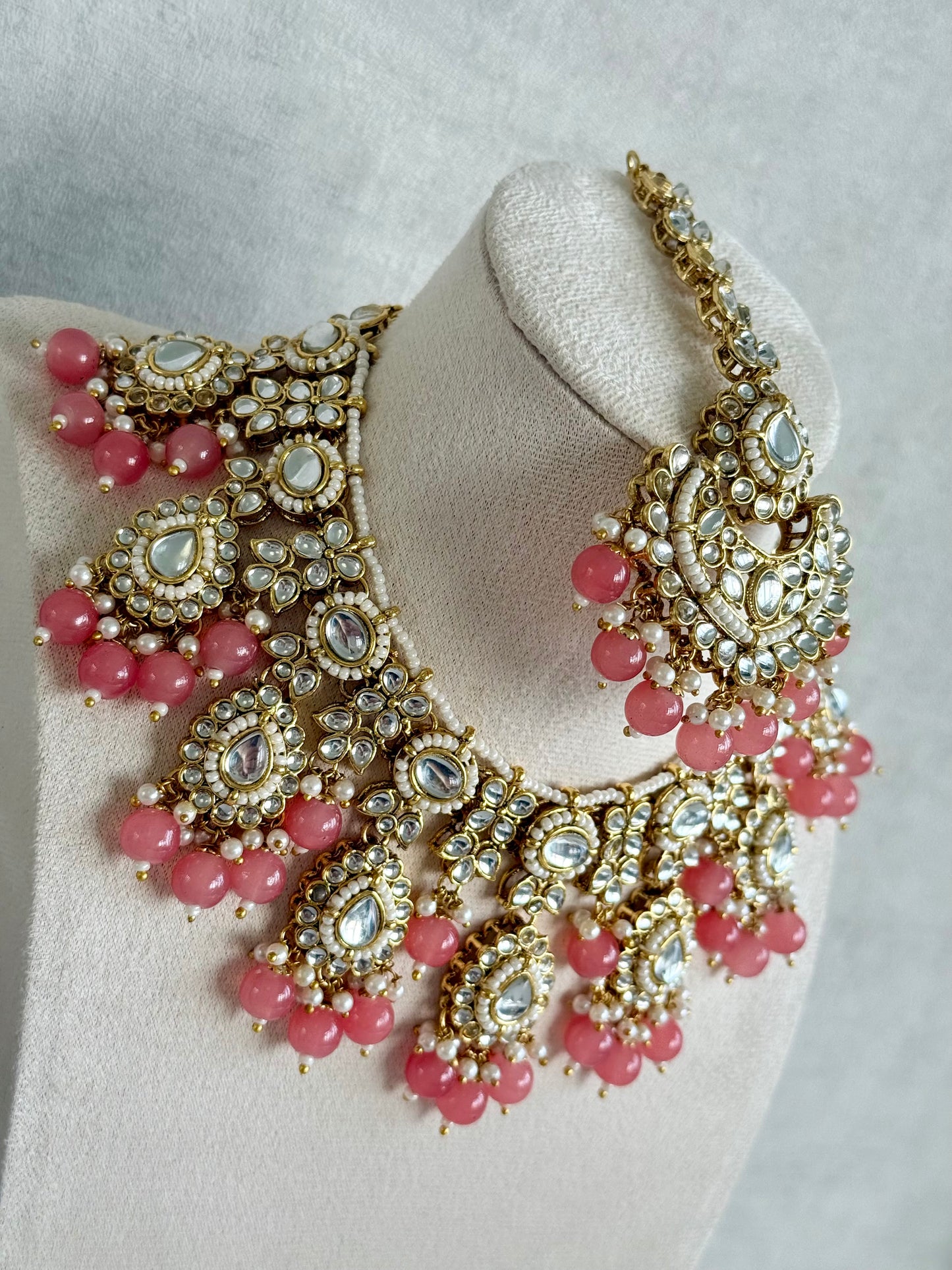 Ayura Designs Iyla Set with Necklace, Earrings & Tikka – Kundan Detailing, Ivory Pearl Drops & Peach Beads