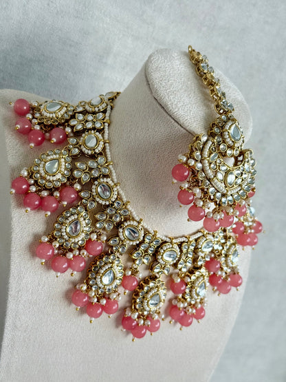 Ayura Designs Iyla Set with Necklace, Earrings & Tikka – Kundan Detailing, Ivory Pearl Drops & Peach Beads