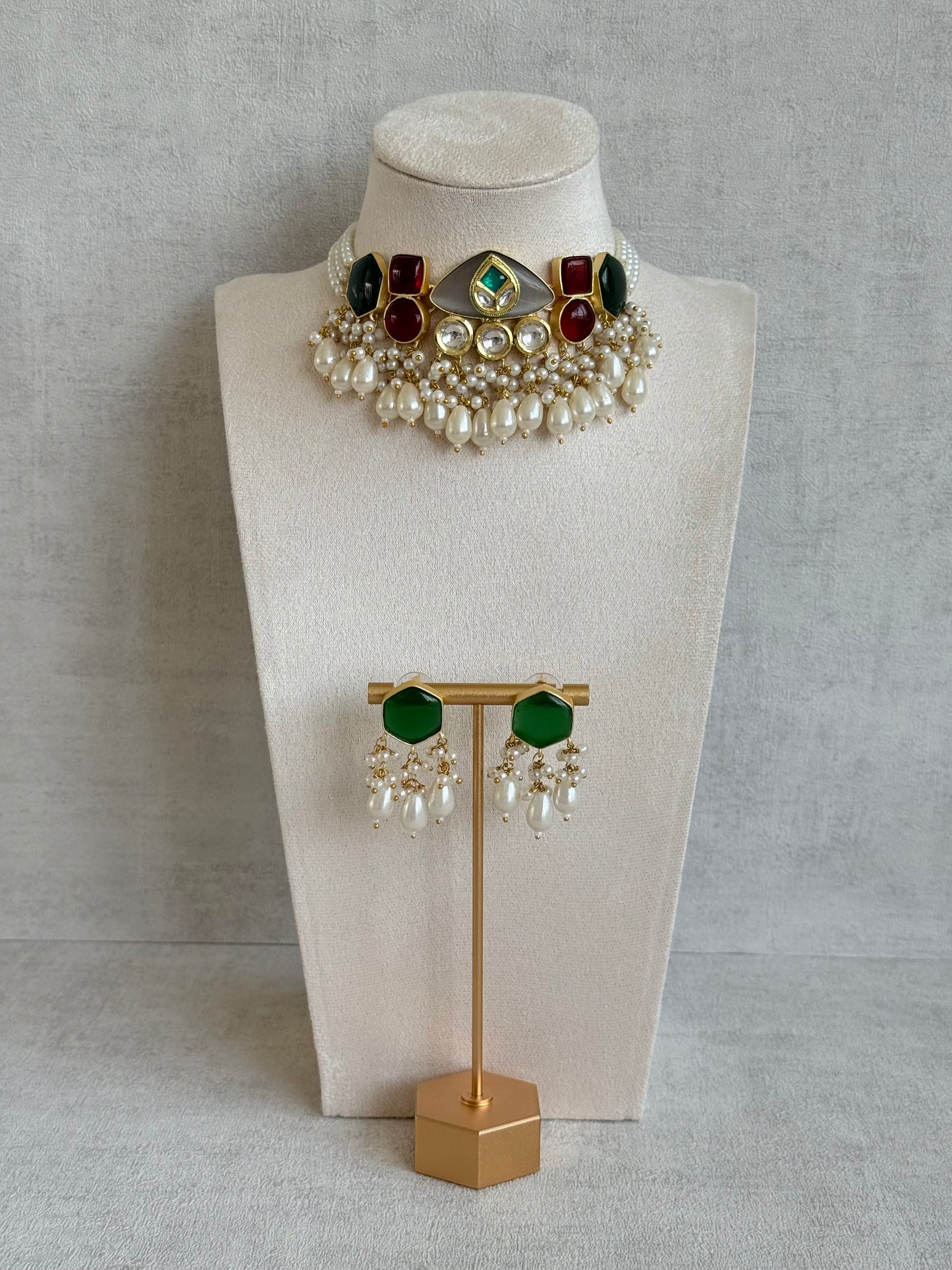 Ayura Designs Vahida Choker Set with Earrings – Multicolour Stone Choker with Pearl Drops & Kundan Detailing