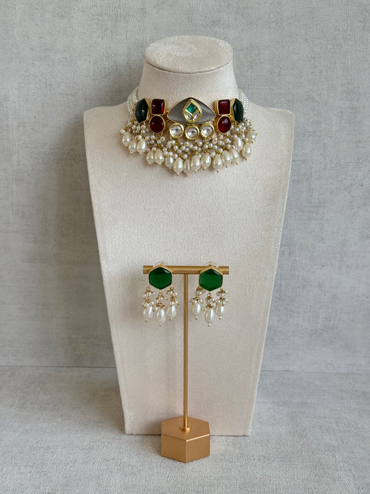 Ayura Designs Vahida Choker Set with Earrings – Multicolour Stone Choker with Pearl Drops & Kundan Detailing