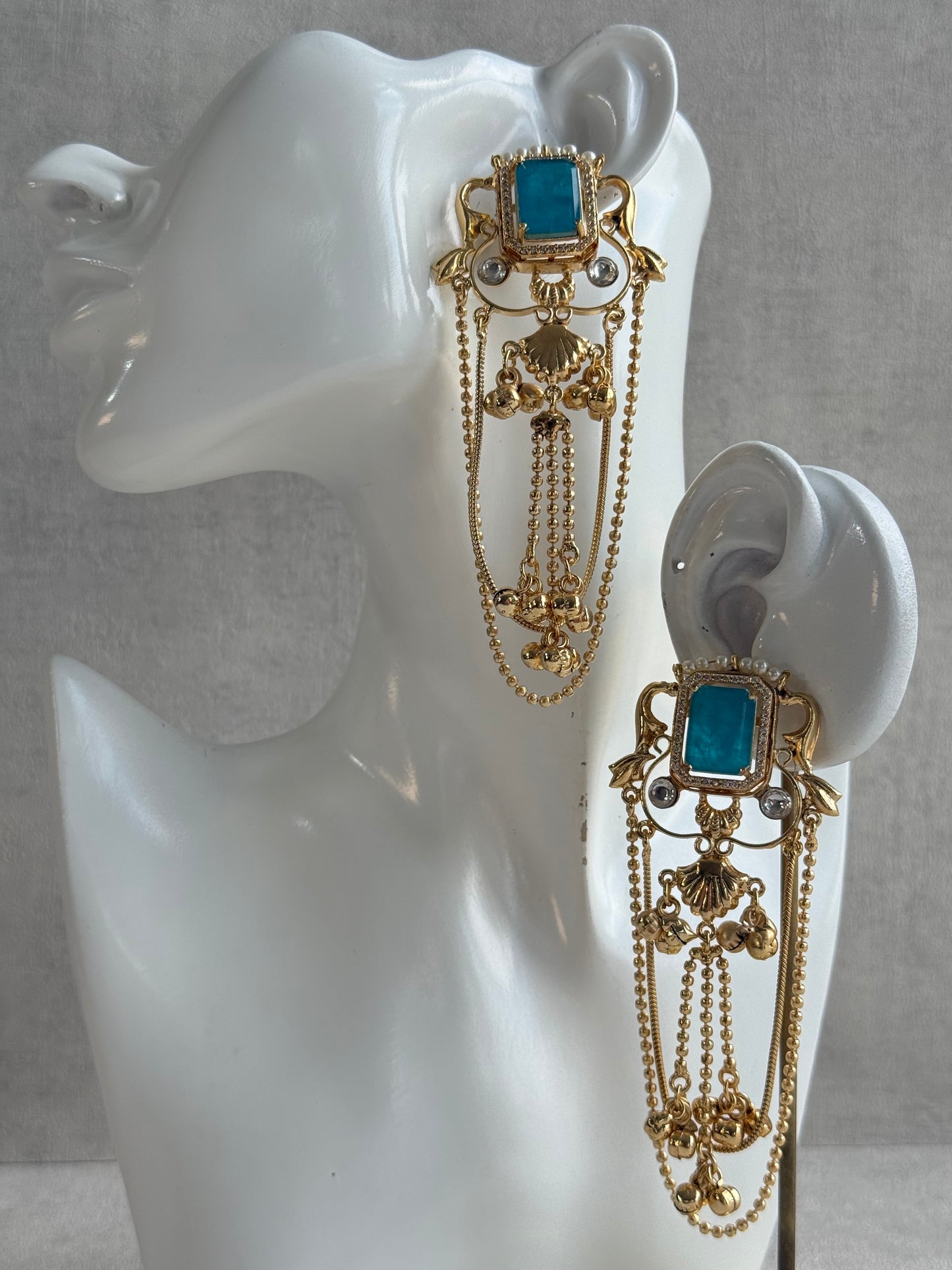 Ayura Designs Jaid Earrings – Aqua Blue Floral Motif with Layered Chains & Ghungroos