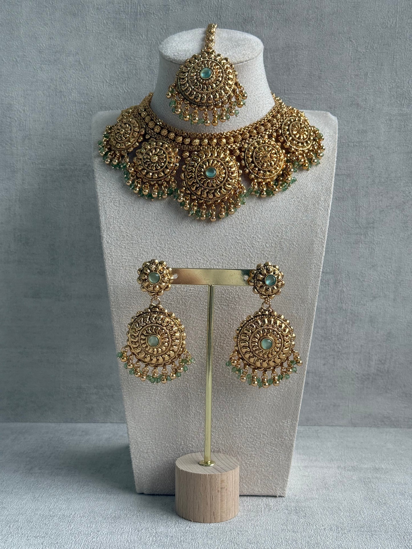 Ayura Designs Rummy Set – Statement Necklace, Earrings & Tikka with Pistachio Green Beads and Polished Gold Finish