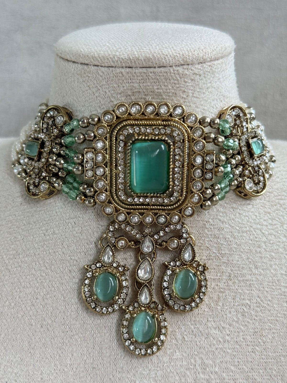 Ayura Designs Nabiha Choker Set with Studs – Aqua Green Stones, Pearl Detailing & Antique Gold Finish