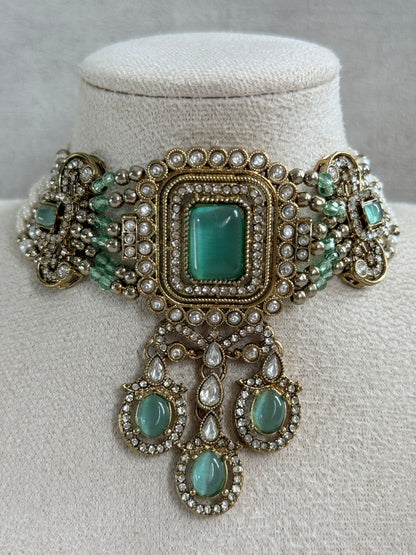 Ayura Designs Nabiha Choker Set with Studs – Aqua Green Stones, Pearl Detailing & Antique Gold Finish