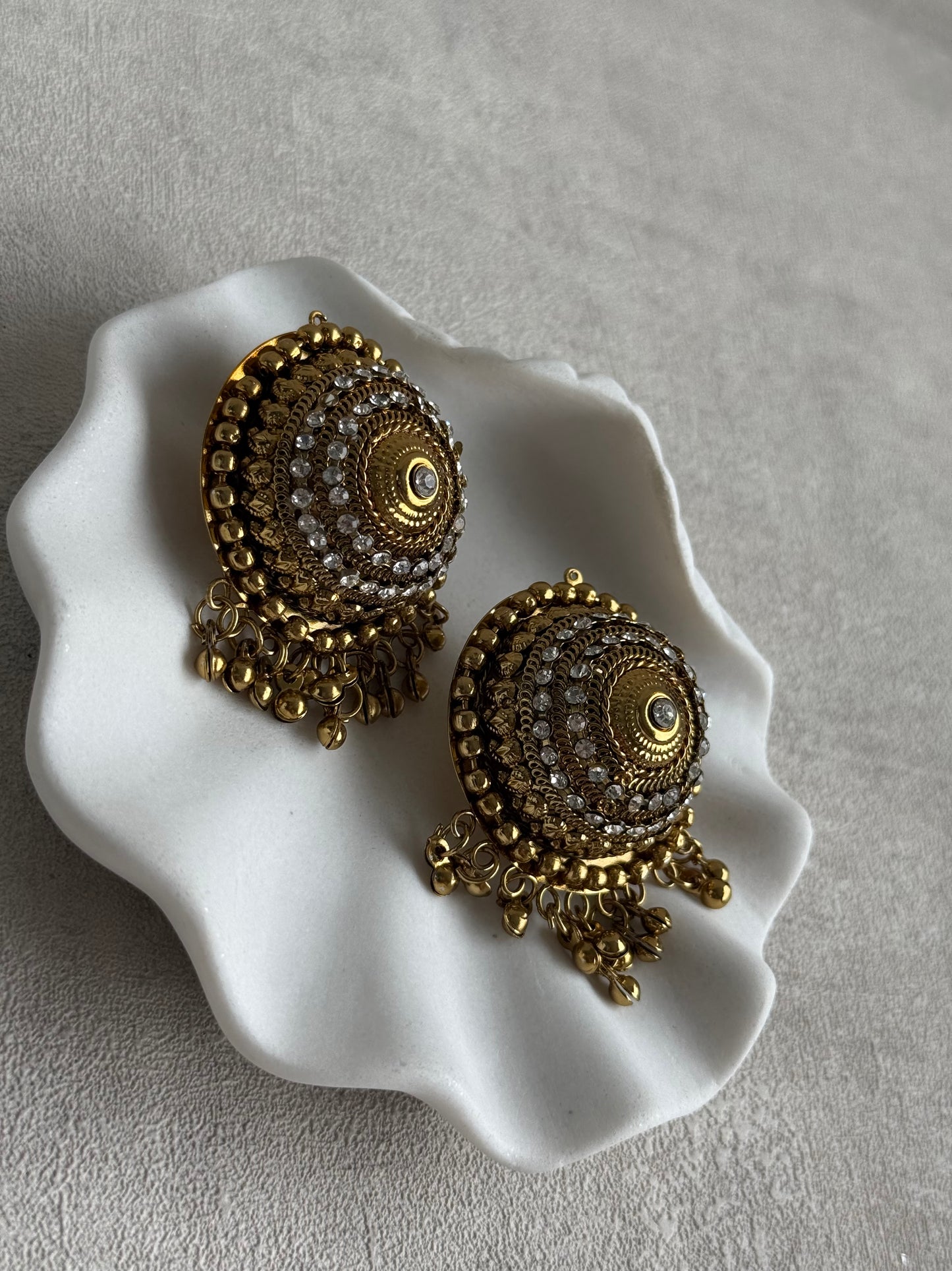 Ayura Designs Mitwa Earrings – Antique Gold Studs with Crystal Stones & Ghungroo Fringe
