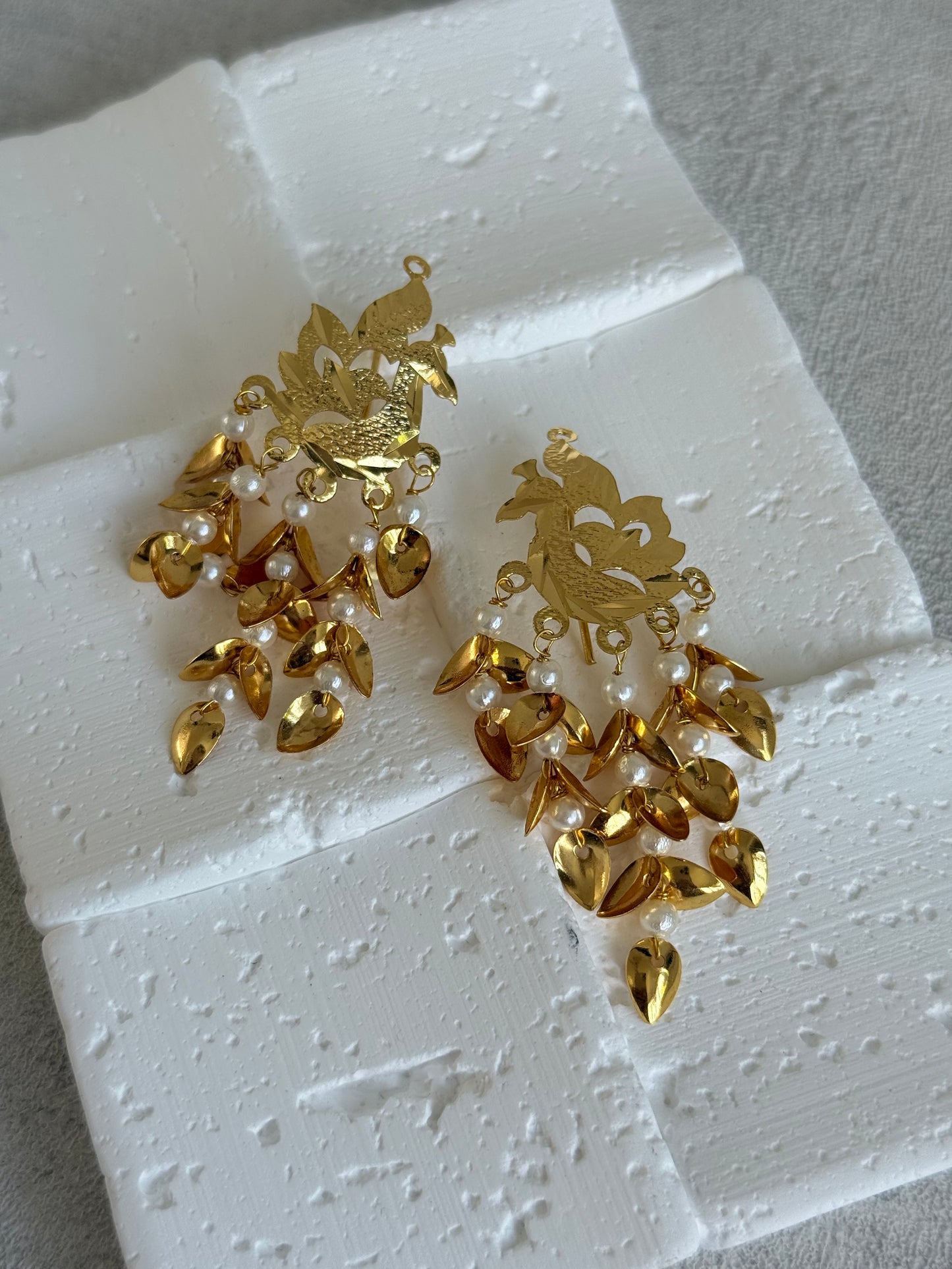 Ayura Designs Patari Earrings – Gold Peacock Pipal Patti Pearl Drop Earrings