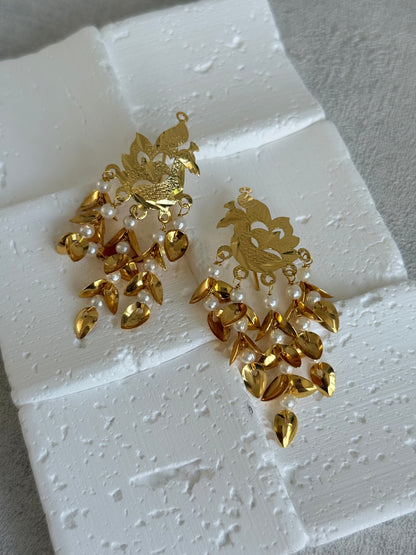 Ayura Designs Patari Earrings – Gold Peacock Pipal Patti Pearl Drop Earrings