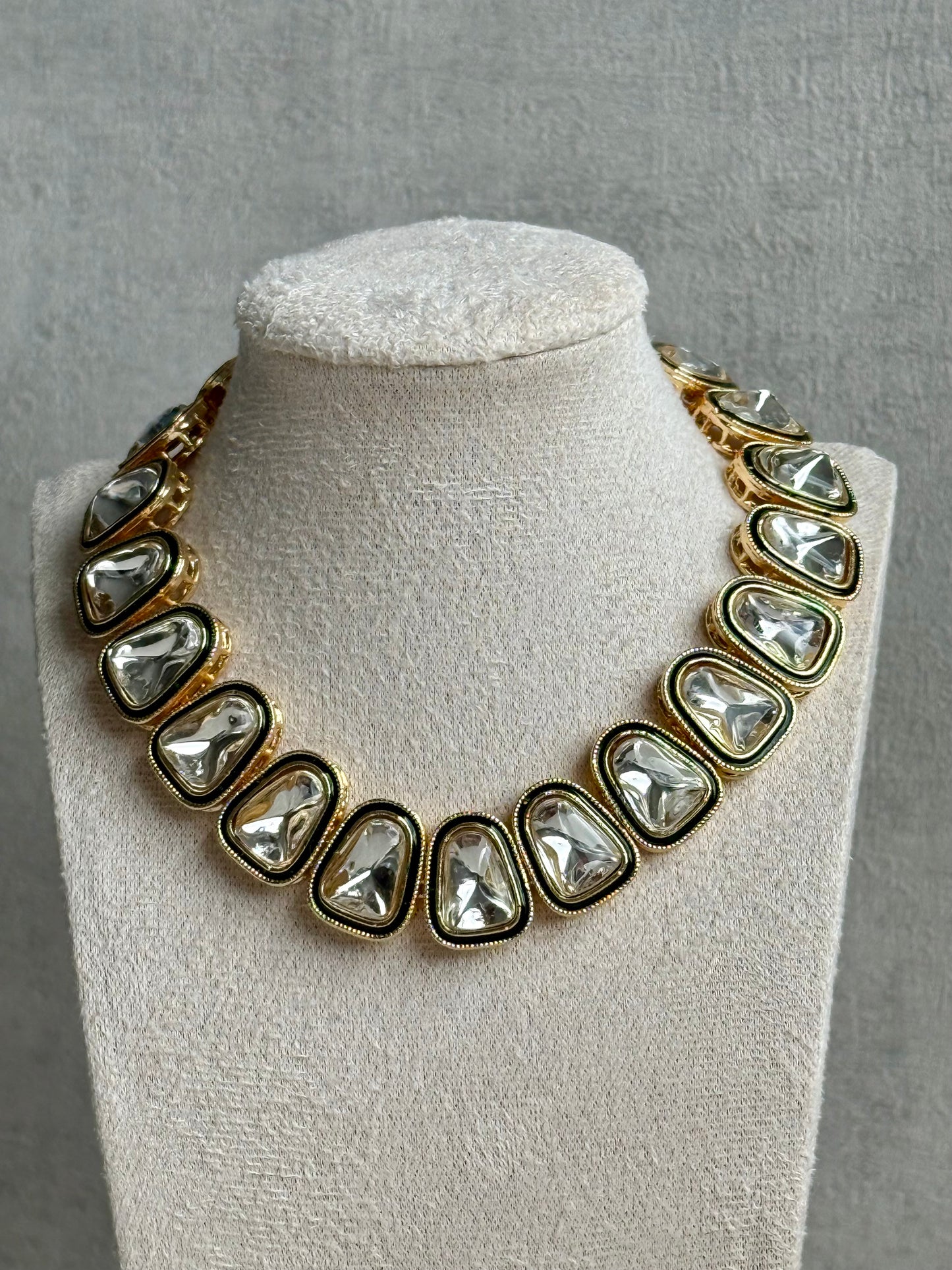 Ayura Designs Luna Set with Stud Earrings – Kundan-Style Mirror-Cut Stones & Antique Gold Finish