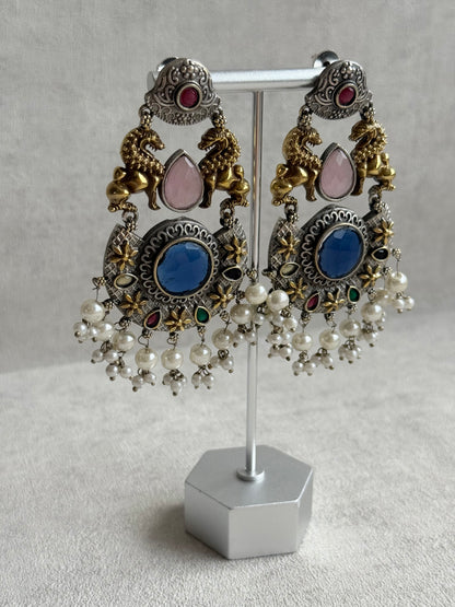 Ayura Designs Aangan Earrings – Dual Tone Oxidised Statement Earrings with Multicolour Stones & Pearl Clusters