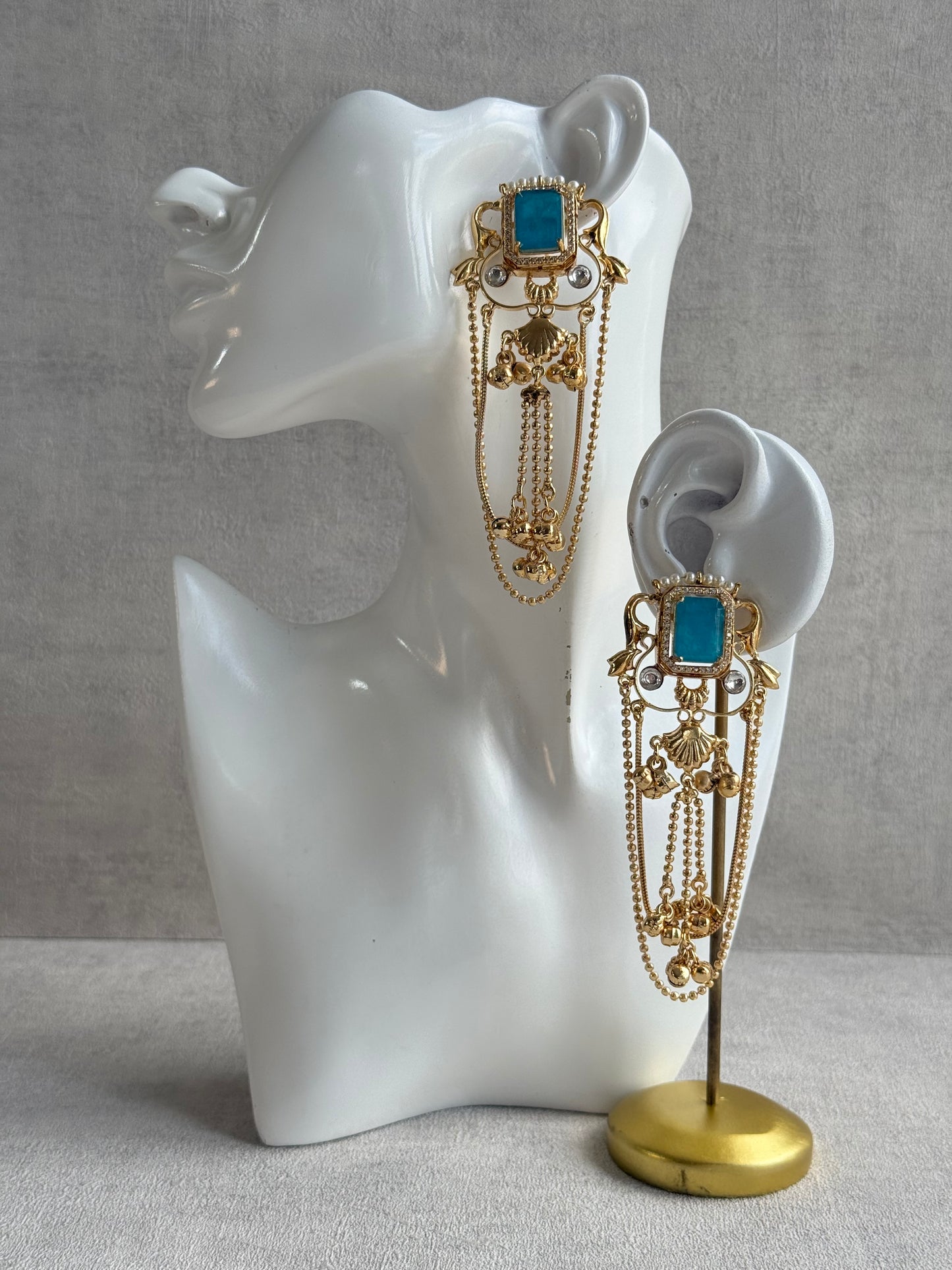 Ayura Designs Jaid Earrings – Aqua Blue Floral Motif with Layered Chains & Ghungroos