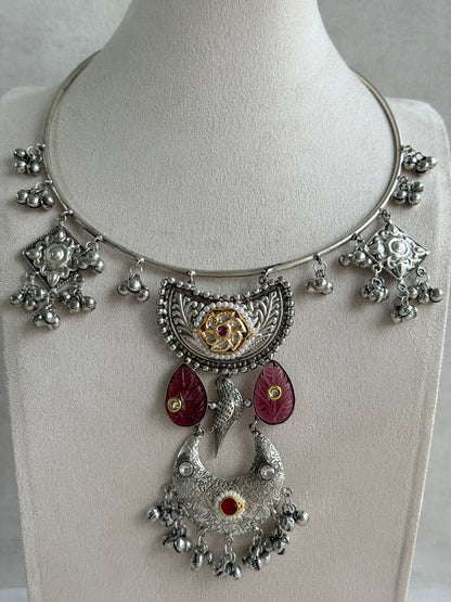 Ayura Designs Jiyana Collar Necklace Set – Rose Pink Carved Teardrop Stones & Oxidised Silver Finish