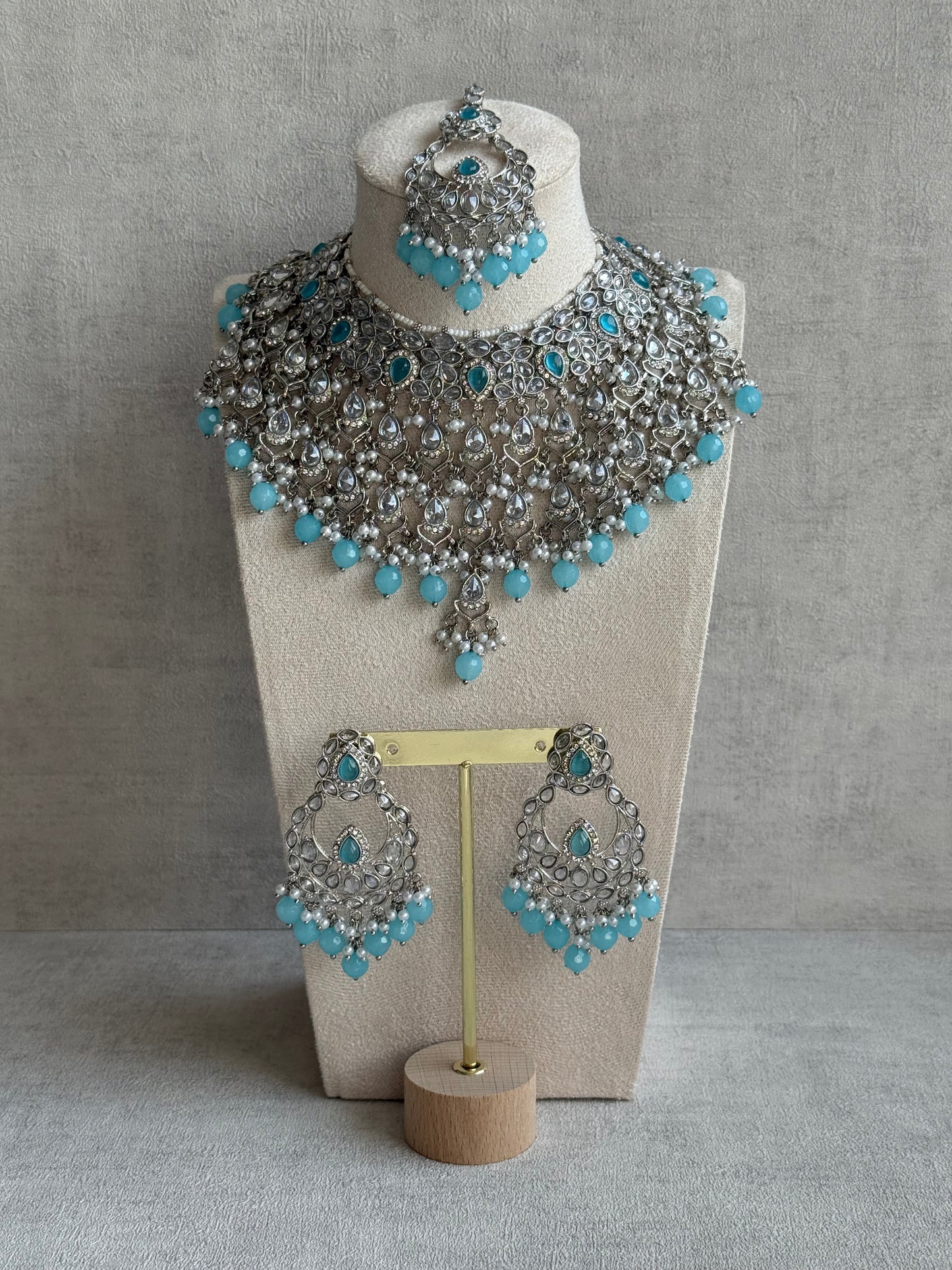 Ayura Designs Eknoor Set – Necklace, Tikka & Earrings with Aqua Blue Beads, Pearls and Silver Finish