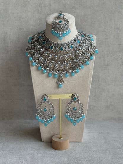 Ayura Designs Eknoor Set – Necklace, Tikka & Earrings with Aqua Blue Beads, Pearls and Silver Finish