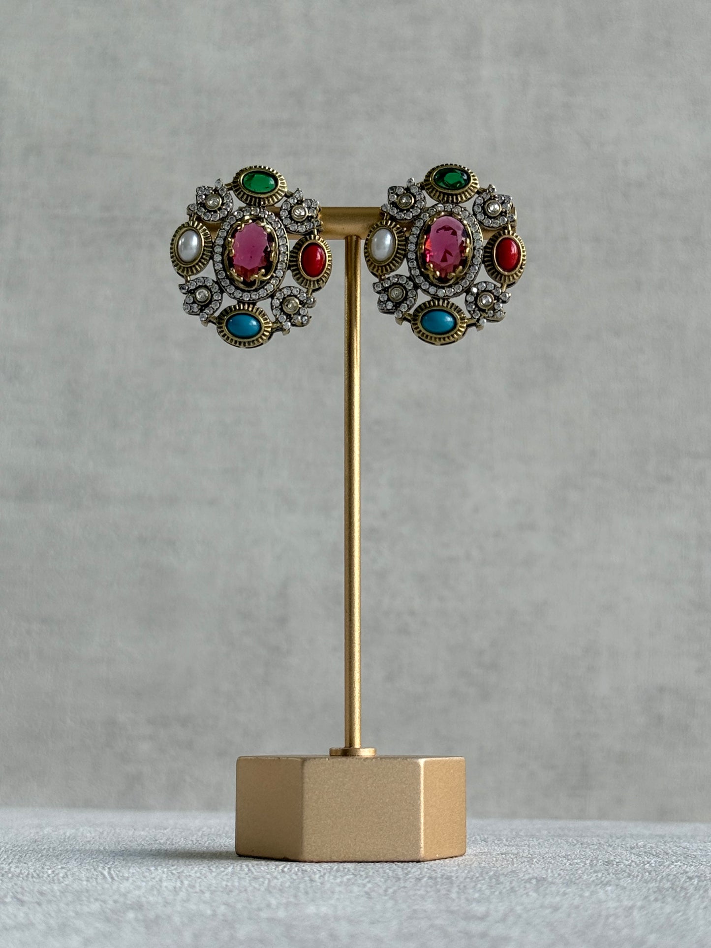 Ayura Designs Celia Stud Earrings – Rani Pink & Multicolour Stones with Gold Finish