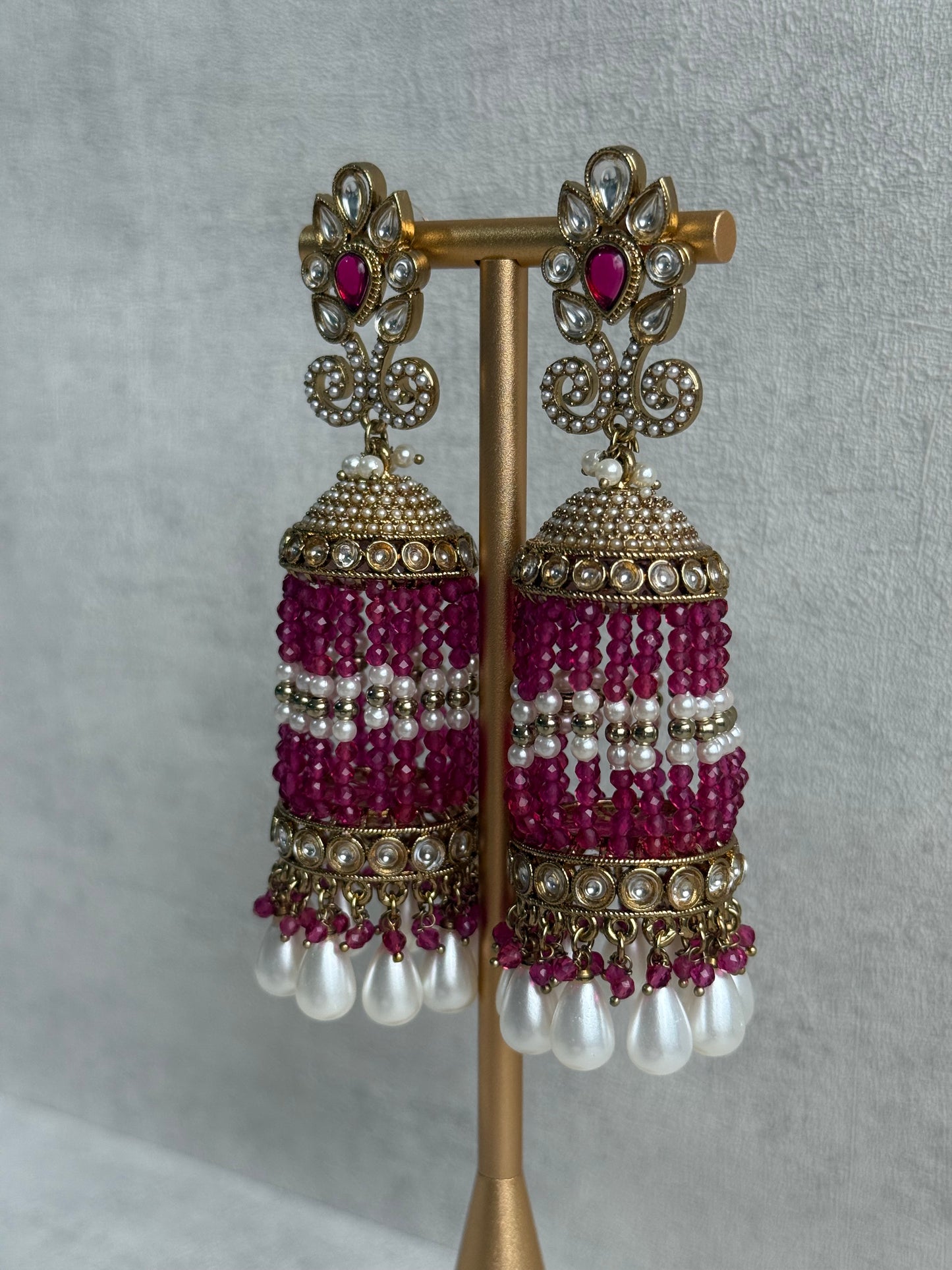 Ayura Designs Sage Earrings – Statement Jhumkis with Mirror-Cut Stones, Pearl Drops & Fuchsia Beads