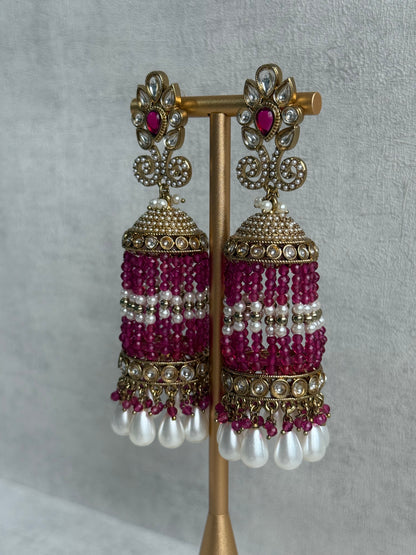 Ayura Designs Sage Earrings – Statement Jhumkis with Mirror-Cut Stones, Pearl Drops & Fuchsia Beads