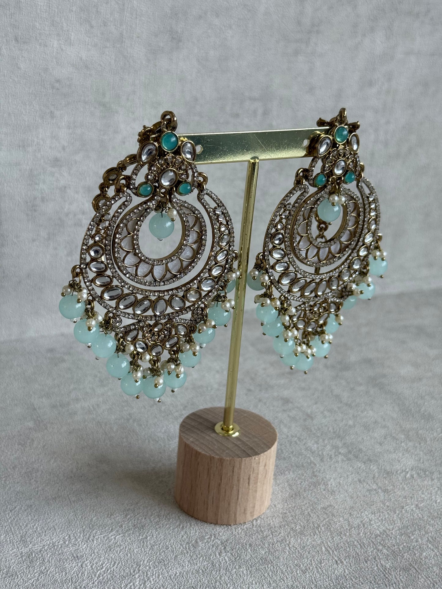 Ayura Designs Rabia Chandbalis – Antique Gold Kundan Earrings with Aqua Beads, Pearls & Attached Sahare