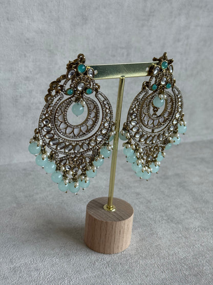 Ayura Designs Rabia Chandbalis – Antique Gold Kundan Earrings with Aqua Beads, Pearls & Attached Sahare