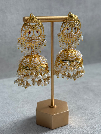 Ayura Designs Pannu Jhumkis – Pippal Patti Gold Jhumkis with Pearl Detailing