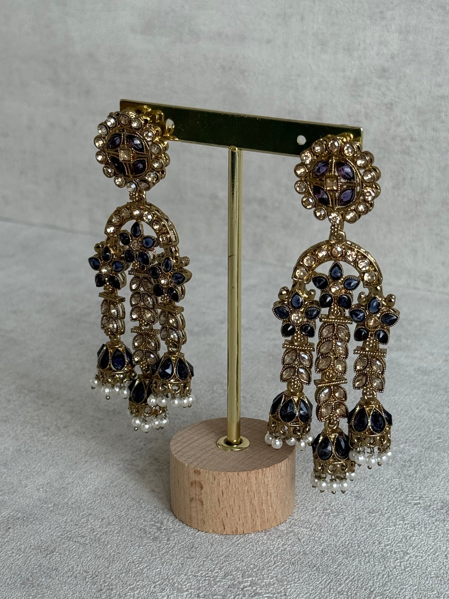 Ayura Designs Soraya Earrings – Ink Blue Stones, Champagne Crystals, Pearl Detailing & Gold Finish