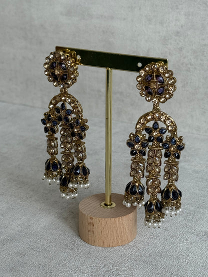 Ayura Designs Soraya Earrings – Ink Blue Stones, Champagne Crystals, Pearl Detailing & Gold Finish