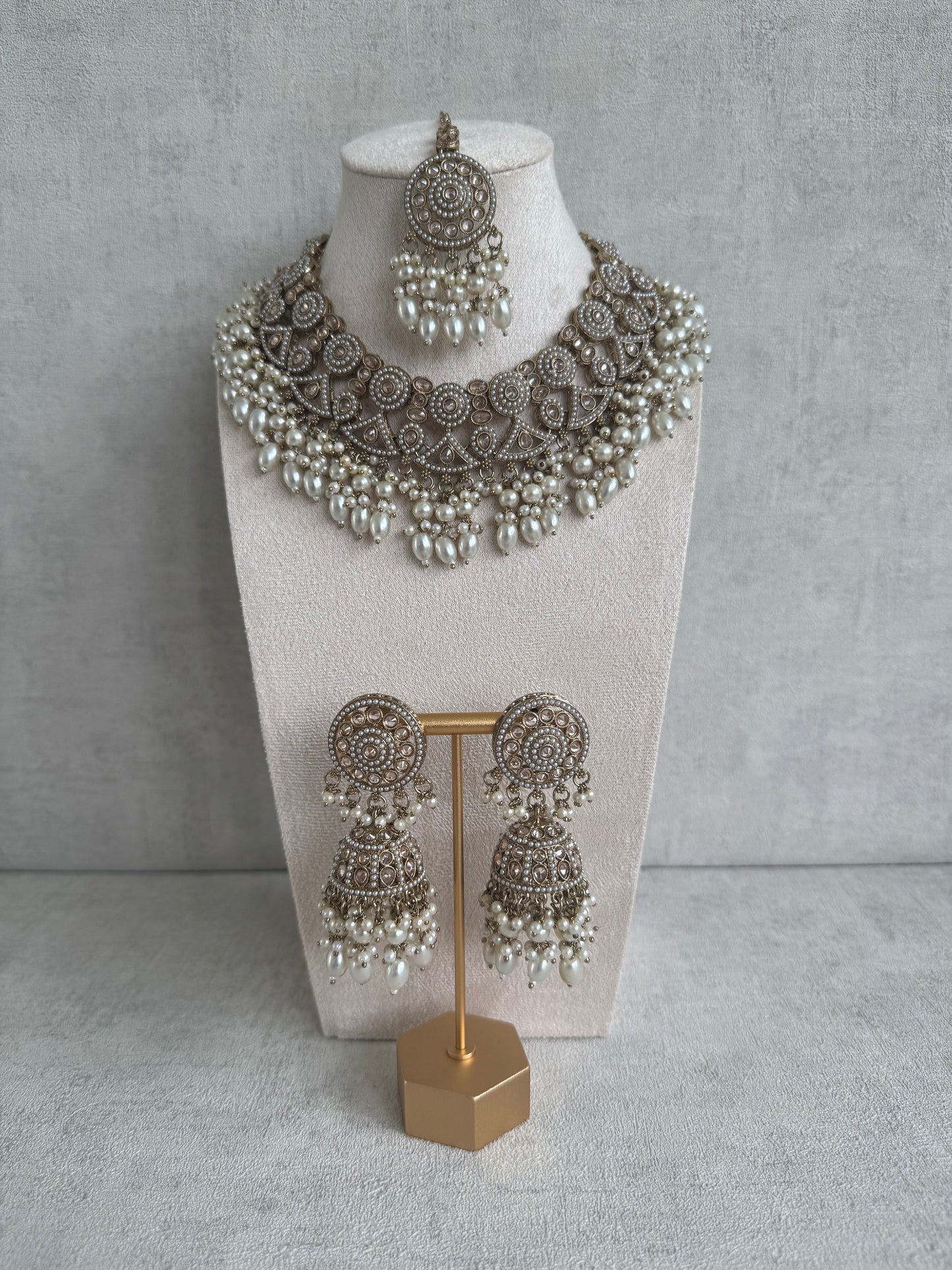 Ayura Designs Noorza Set with Jhumkis and Tikka – Pearl White Stones, Antique Gold & Polki Finish