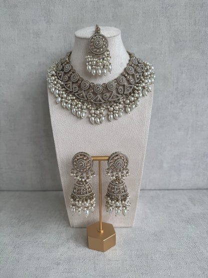 Ayura Designs Noorza Set with Jhumkis and Tikka – Pearl White Stones, Antique Gold & Polki Finish