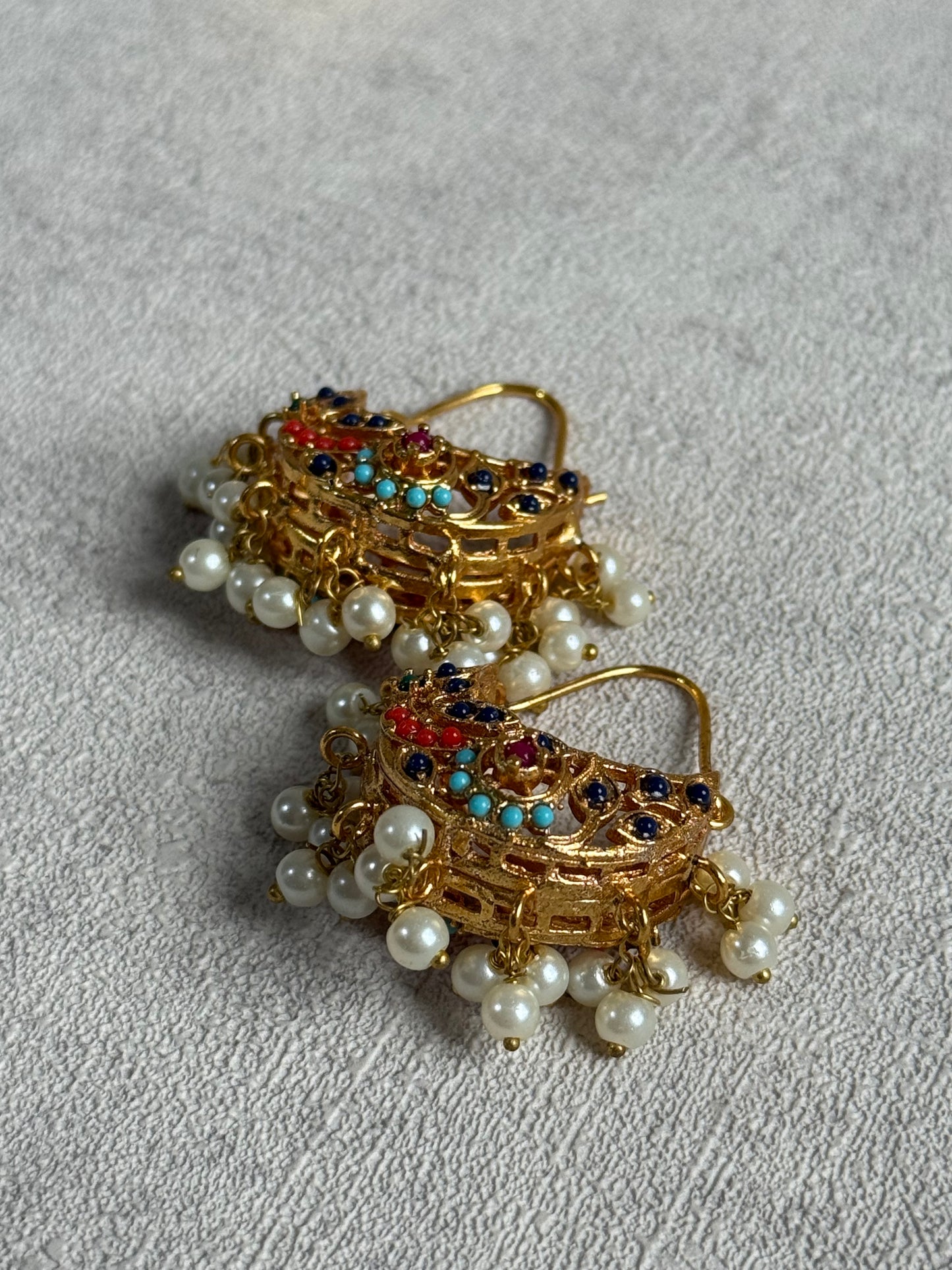 Ayura Designs Rasam Balis – Antique Gold Hoops with Multicolour Stones & Pearl Clusters