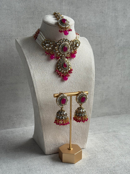 Ayura Designs Muskaan Set – Choker, Jhumkis & Tikka with Hot Pink Beads, Kundan Stones & Antique Gold Finish
