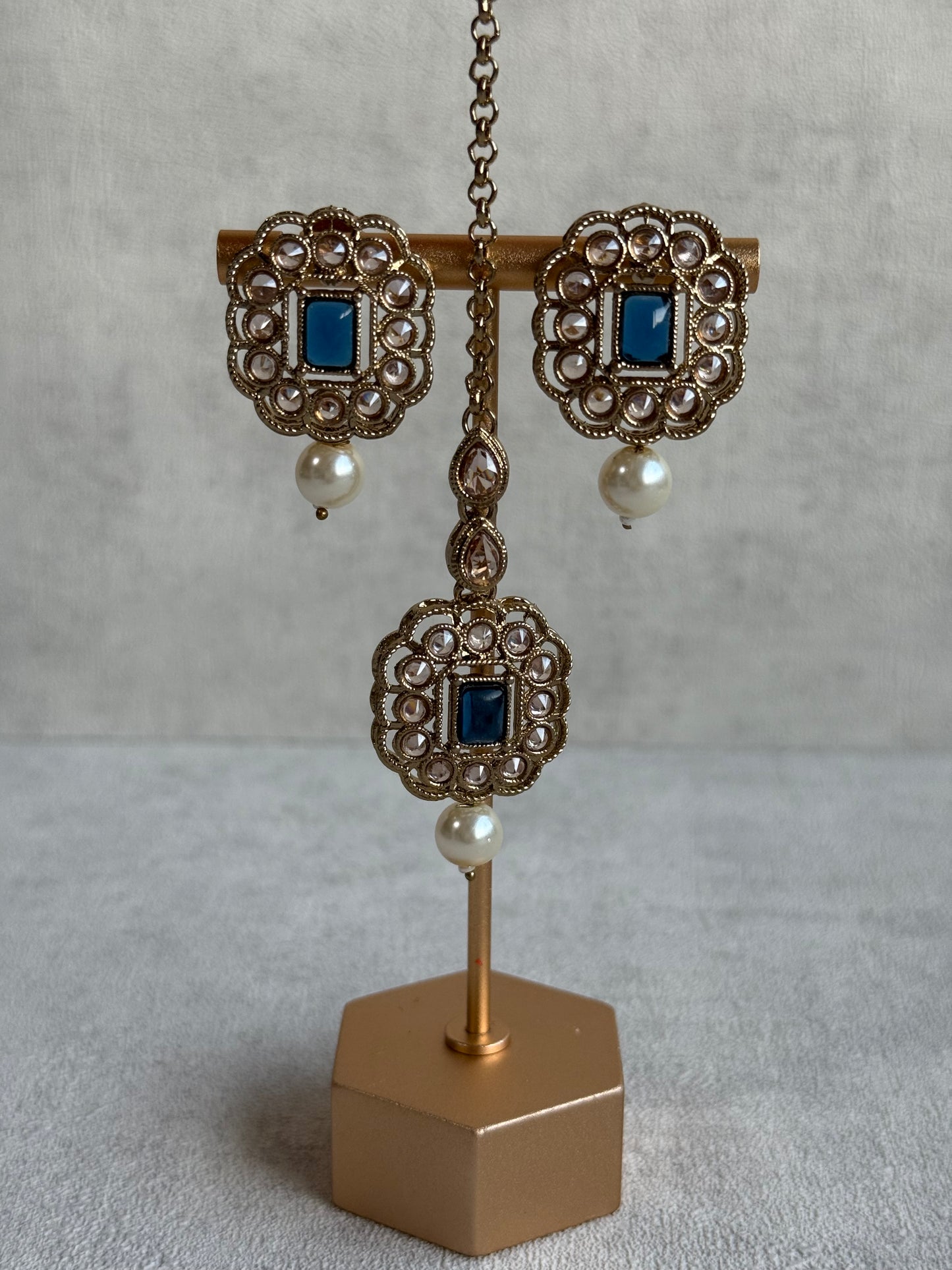 Ayura Designs Dania Set with Necklace, Stud Earrings & Tikka – Midnight Blue Stones, Pearl Drops & Antique Gold Finish