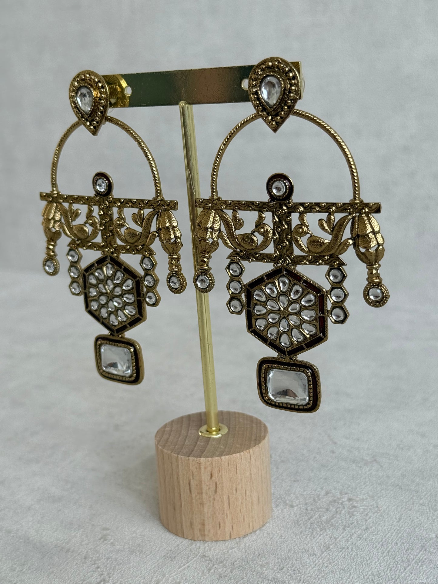 Ayura Designs Irene Earrings – Maroon Kundan, Meenakari & Crystal Peacock Chandeliers in Gold