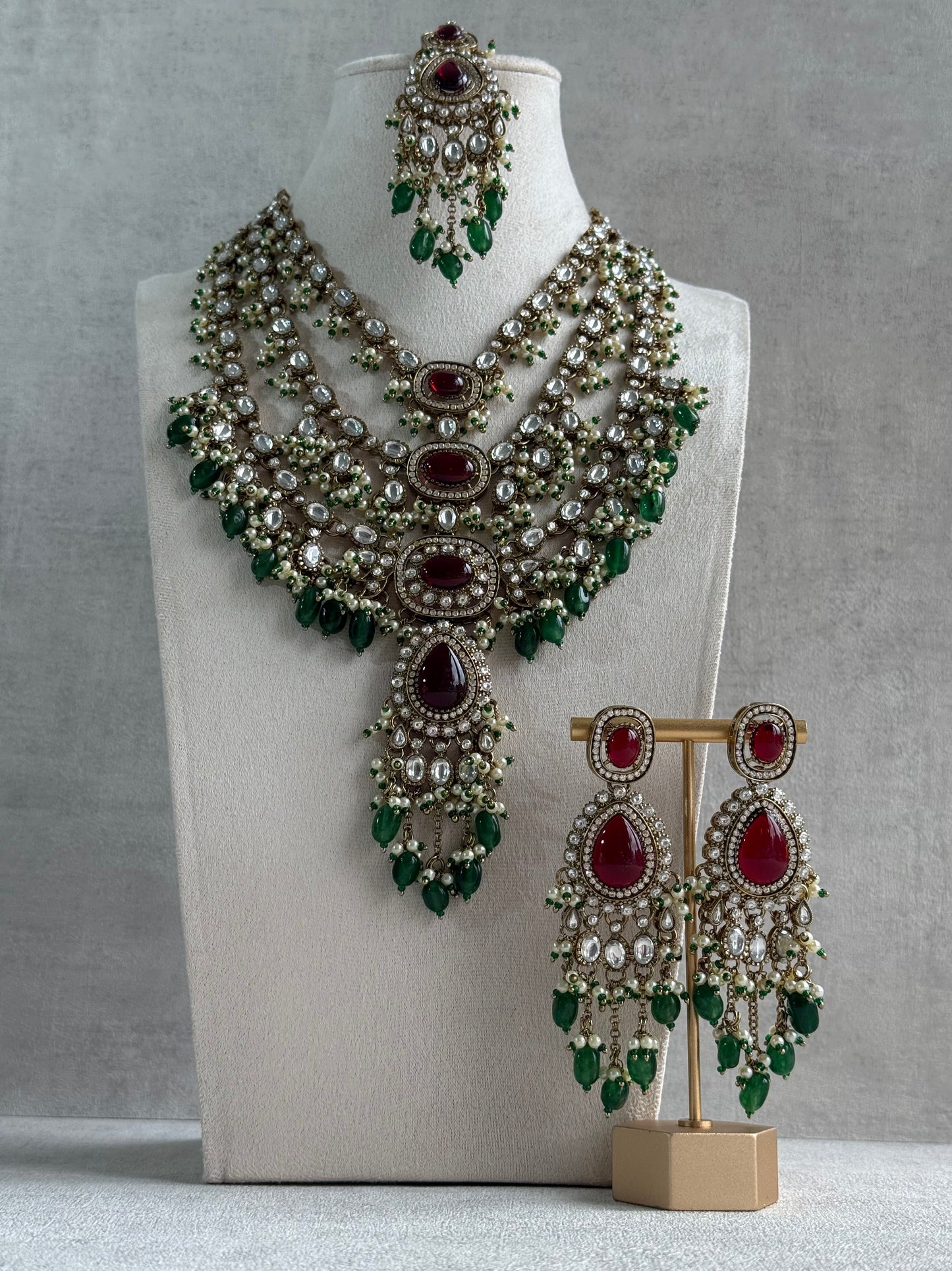 Ayura Designs Sahra Bridal Set with Earrings & Tikka – Ruby Red, Emerald Green, Kundan Stones & Pearls in Antique Gold Finish
