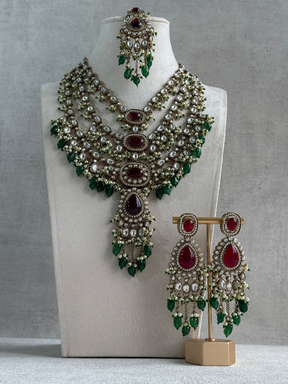 Ayura Designs Sahra Bridal Set with Earrings & Tikka – Ruby Red, Emerald Green, Kundan Stones & Pearls in Antique Gold Finish
