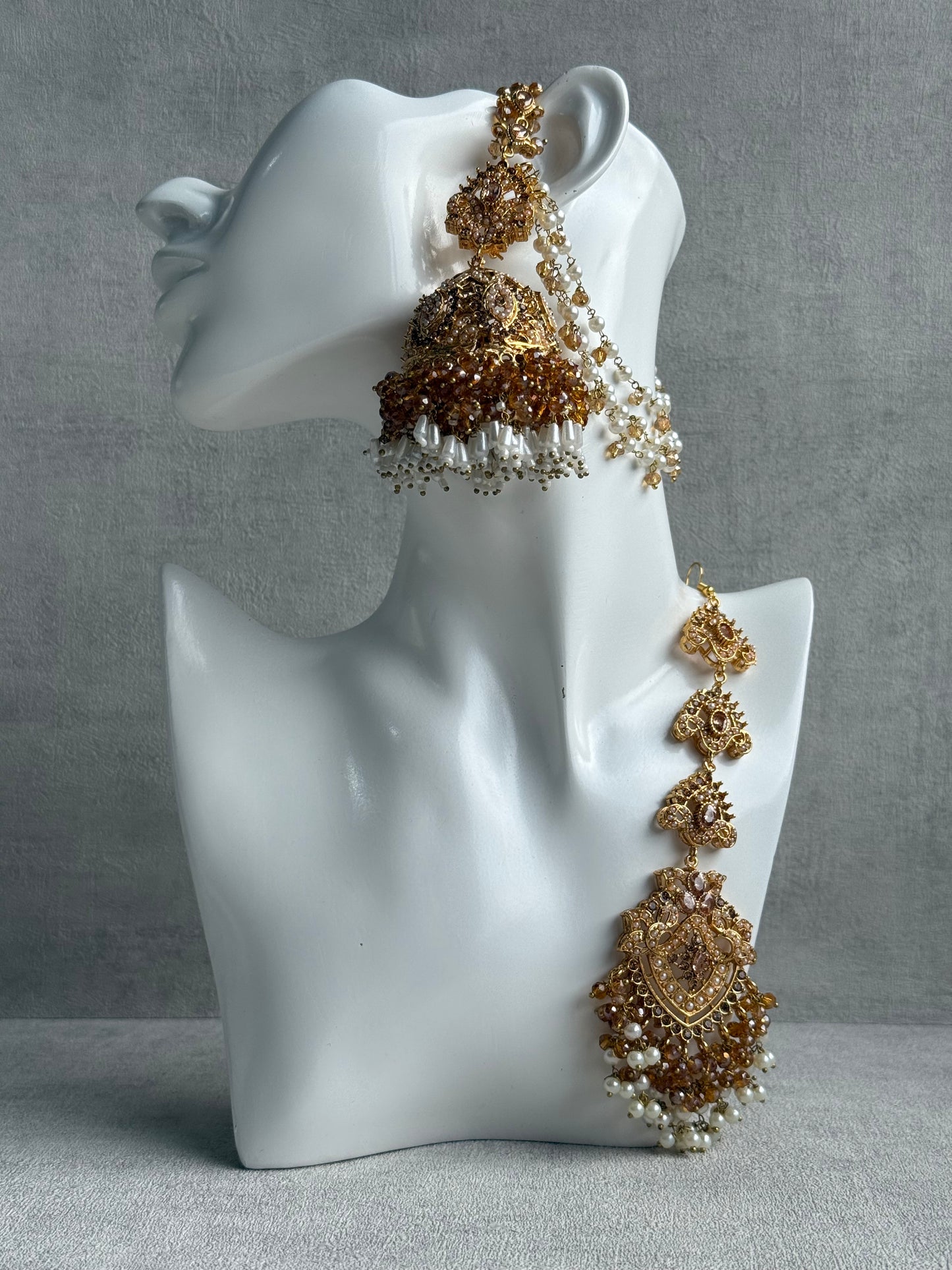 Ayura Designs Safia Tikka Set with Sahare Earrings – Champagne Gold Beads & Pearls