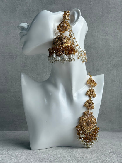 Ayura Designs Safia Tikka Set with Sahare Earrings – Champagne Gold Beads & Pearls
