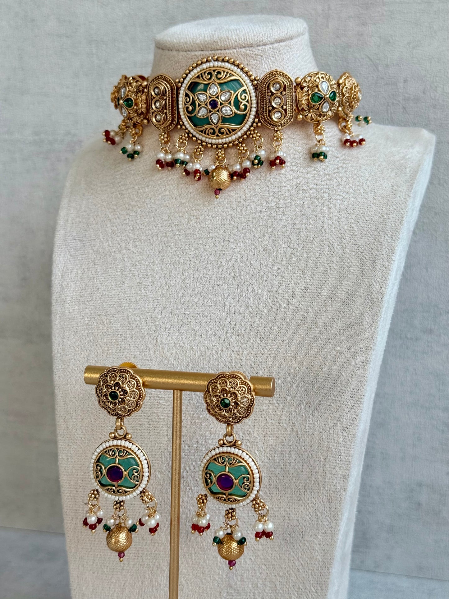 Ayura Designs Haya Choker Set with Stud Earrings – Emerald Enamel with Rani Pink Stones and Pearl Drop Detailing