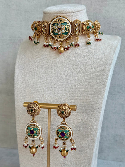 Ayura Designs Haya Choker Set with Stud Earrings – Emerald Enamel with Rani Pink Stones and Pearl Drop Detailing